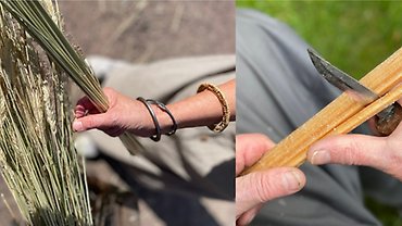 Vänster: Rensning och sortering av råghalm för att fläta en halmhatt. Höger: Klyvning av furu långs årsringen för att ta fram material till en Hedaredskorg. 